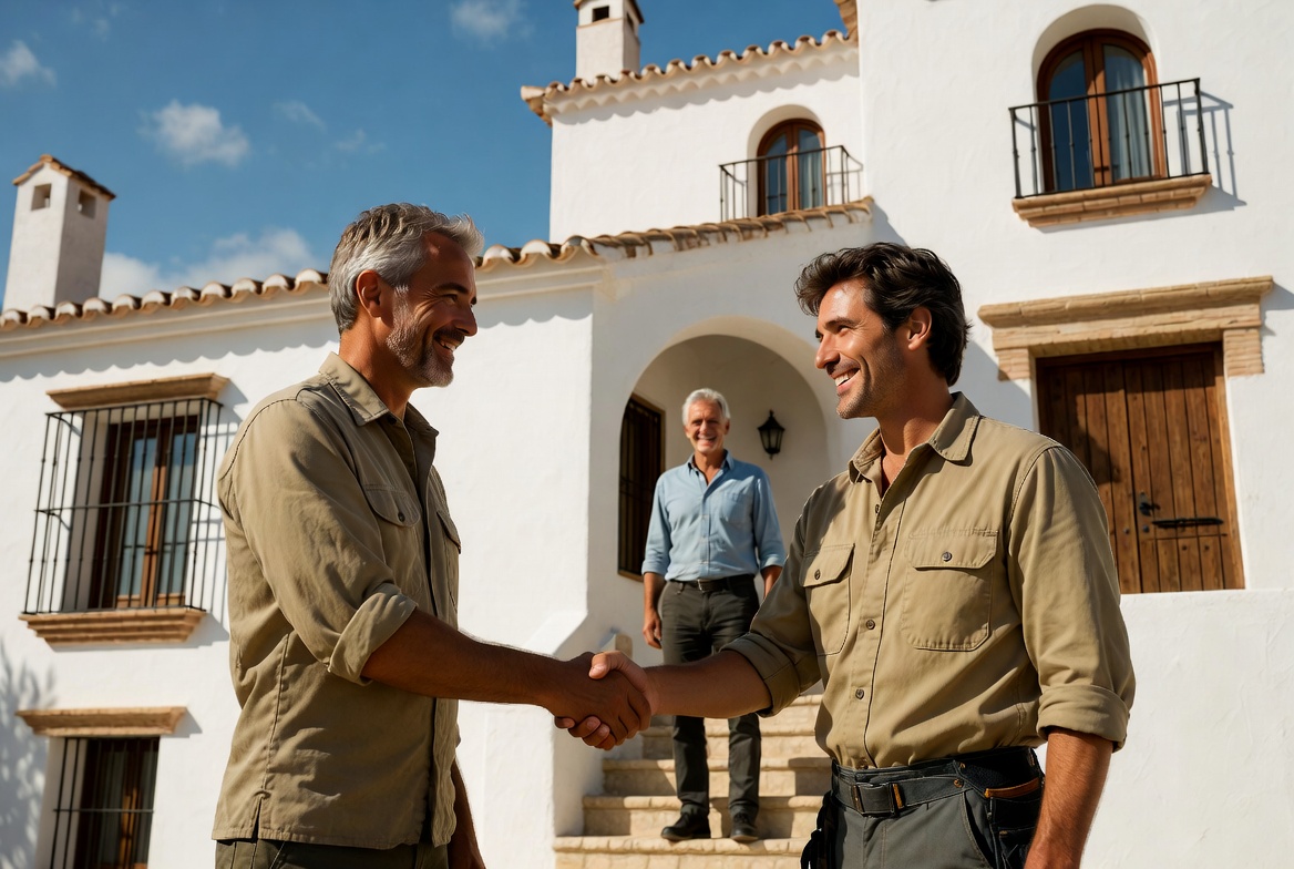 Tradespeople shaking hands outside a Spanish villa